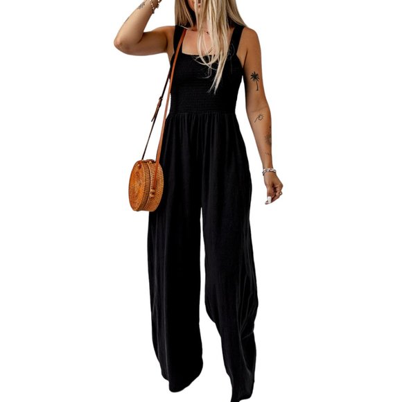 Black Smocked Sleeveless Wide Leg Jumpsuit with Pockets - Picture 5 of 16